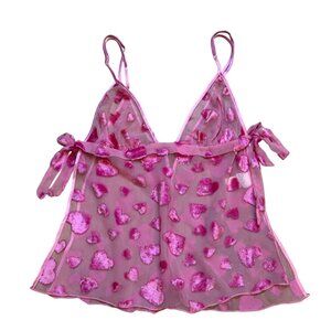 90s Y2K Shirley of Hollywood Sheer Pink Velvet Heart Babydoll Lingerie Top M
